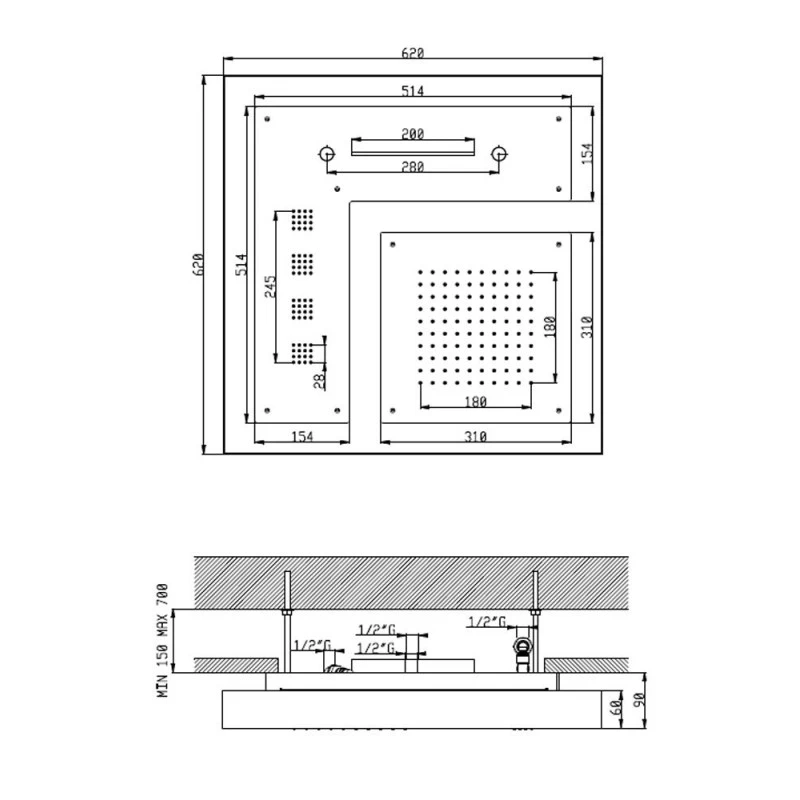 Ensemble De Douche Chromothérapie AquaElite 620x620mm - 4 Fonctions - 3 Body Jets 5 Ensemble De Douche Chromothérapie AquaElite 620x620mm - 4 Fonctions - 3 Body Jets – Image 3
